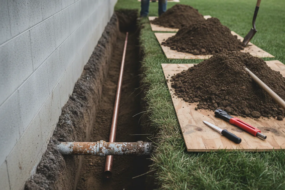 Excavated water line trench during Water Softener Installation in Lignum